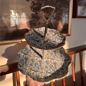 Vintage blue floral paisley Lefton Lifton 2 tiered trinket tray